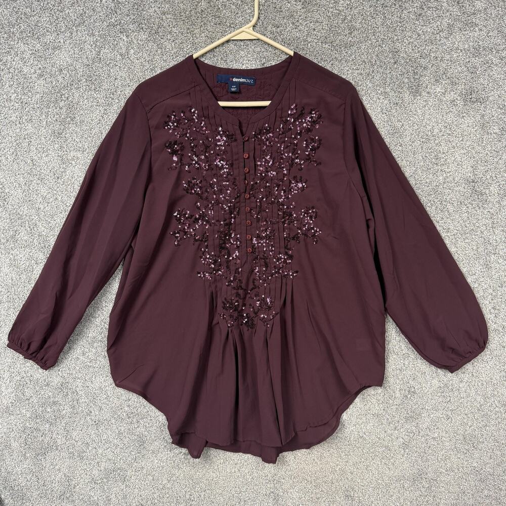 Denim 24/7 Tunic Blouse 16W Plus Maroon Sequin Pintuck Holiday Office Party
